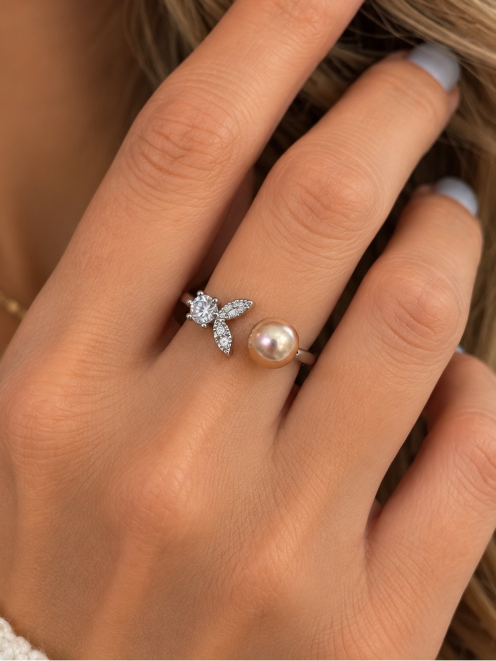 Freshwater Pearl Open Ring with Champagne Pearl & CZ Crystal Accents - Pearl